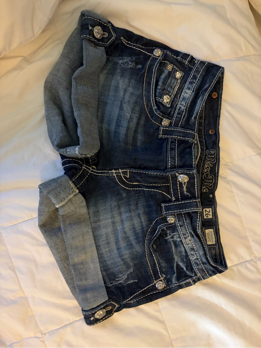 Miss Me Indigo Denim Shorts with Contrast Stitching